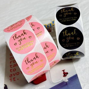 Pink and black gold-foil thank you stickers roll for small business packaging