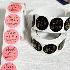 Pink and black adhesive thank you sticker rolls with gold foil for gift packaging