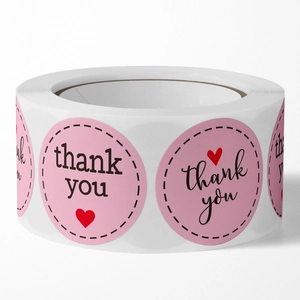 Pink round thank you roll stickers with red heart for gift packaging and wedding decor