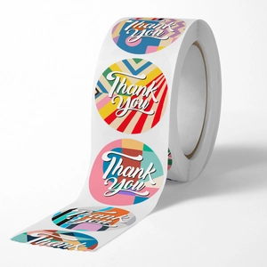 Rolle mit 500 runden bunten Thank You Stickern mit modernen geometrischen Mustern für Pakete