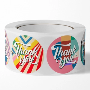 Rolle bunter Thank You Aufkleber mit geometrischen Pop-Art-Mustern für Geschenkboxen