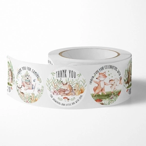 Roll of 500 round forest animal thank you stickers with watercolor deer and rabbit designs