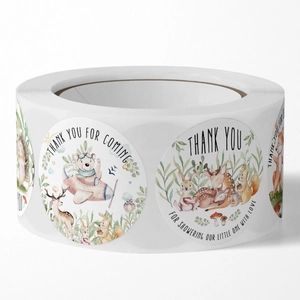 Roll of cute animal watercolor round stickers with thank you text on white background