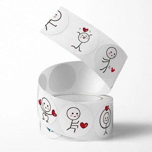 Roll of cute cartoon stickman round stickers with red hearts for DIY craft and sealing
