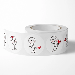 Roll of cute cartoon stickman round stickers with red heart illustrations for scrapbooking