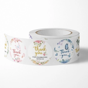 Floral thank you stickers roll with butterfly patterns for gift packaging and envelope seals