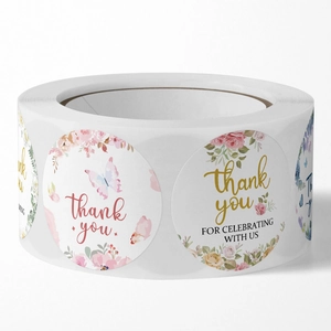 Floral Thank You stickers roll with pink roses and butterflies for gift packaging
