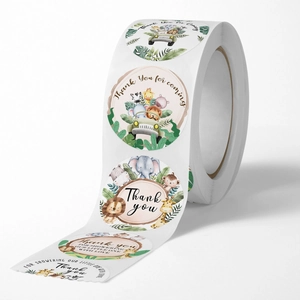 Roll of cartoon jungle animal thank you labels for kids party gift packaging