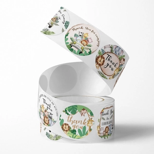 Roll of cartoon jungle animal stickers with Thank You text for gift packaging