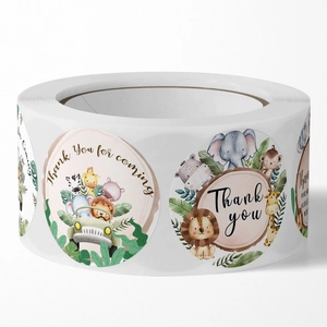 Roll of safari animal thank you stickers with watercolor lion and giraffe for party favors