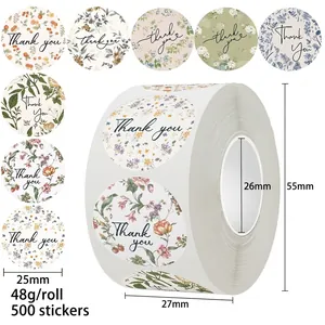 Rouleau de 500 autocollants floraux Thank You 25mm pour mariage et emballage pâtisserie