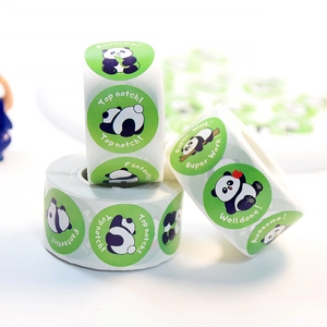 Cute panda reward stickers in a roll for kids with encouraging English text on green background