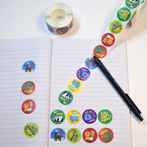 Roll of cartoon animal reward stickers for kids featuring pandas, lions and encouraging words