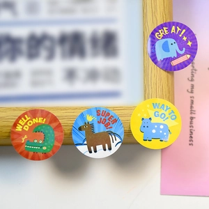 Cute cartoon animal reward stickers with elephant and crocodile patterns on a wooden frame