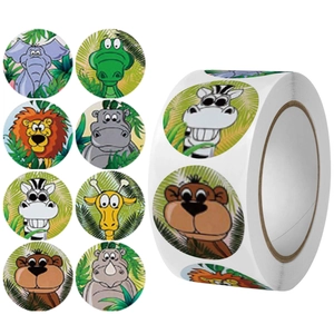 Autocollants Animaux Dessin Animé Étiquettes Rondes Auto Adhésives Pour Récompense Enfants Scellage Cadeaux Décoration Classe Motifs Jungle Papeterie