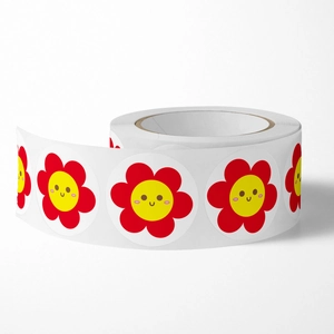 Roll of smiling red flower reward stickers for teacher encouragement and kids craft