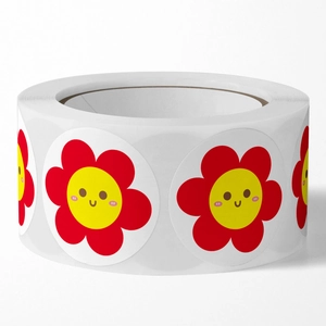 Roll of reward stickers featuring red flower with yellow smiley face for kids