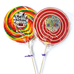 Rainbow and red-white swirl giant lollipops with Happy Birthday round sticker labels