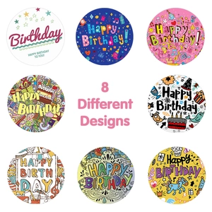 Set of 8 round Happy Birthday stickers with colorful cartoon designs and hand-drawn patterns