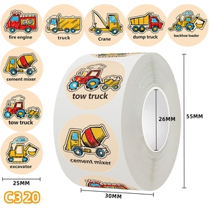 Construction Vehicle Cartoon Stickers Round Adhesive Labels Kids Reward Party Favors Classroom Decor Teacher Supplies