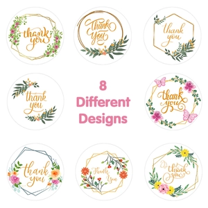 Floral round thank you stickers roll with 8 unique gold foil designs for weddings