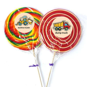 Cartoon construction vehicle stickers on lollipop treats with backhoe and dump truck graphics