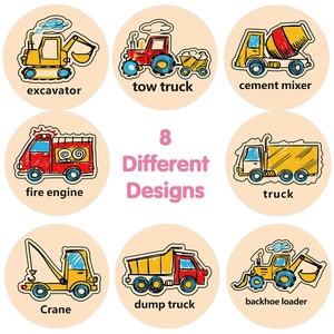Set of 8 colorful cartoon construction vehicle stickers featuring excavators and trucks
