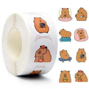 Roll of cute cartoon capybara stickers featuring various fun activities and designs