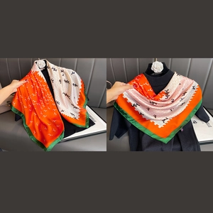 Japanese style silk scarf with orange geometric patterns and horse motifs for women