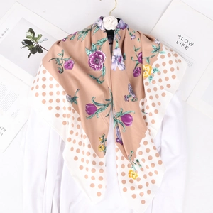 Floral Print Square Scarf Women Twill Satin Elegant Polka Dot Border Sun Protection Fashion Wraps Shawl