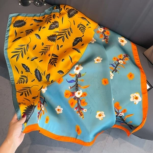 Floral print 90cm square silk scarf with yellow and blue contrast floral patterns