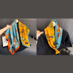 Floral satin silk scarf 90cm in teal and orange contrast print for women summer fashion