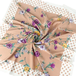 Elegant champagne silk floral square scarf with brown polka dot border and flowers