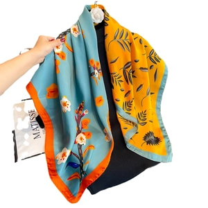 Floral print satin silk scarf 90cm with artistic double-sided contrast pattern