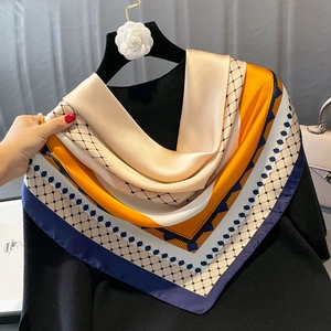 Large Square Scarf Women Imitation Satin Satin Geometric Pattern Color Block Sun Protection Neck Wrap Elegant Fashion Accessory