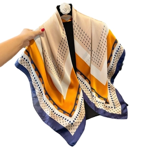 Elegant 90cm geometric satin scarf for women featuring yellow and navy blue patterns