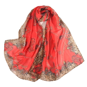 Lightweight chiffon scarf with red leopard print and golden chain patterns for women