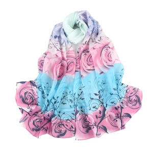 Floral chiffon silk scarf with pink roses and sky blue gradient for sun protection