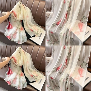 Lightweight ivory shawl scarf with red tulip floral print for women fashion