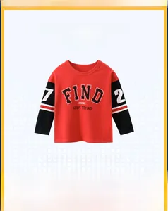 Flat lay of boys red long sleeve t-shirt with black striped sleeves and FIND graphic