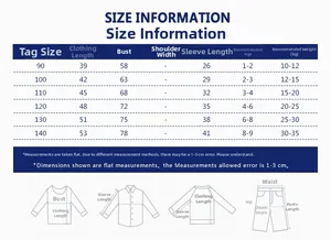 Detailed size chart for boys long sleeve t-shirt including measurements and ages