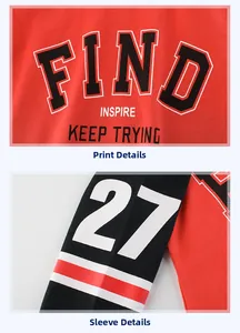 Detail of red and black varsity style kids t-shirt with FIND print and striped sleeves