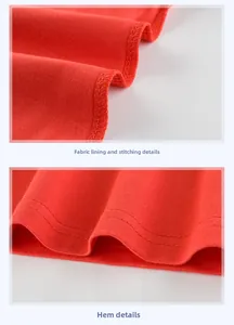 Detail of red cotton fabric showing double-stitched reinforced seams and hem finish