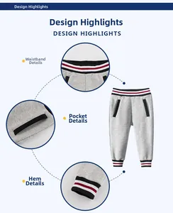 Détails du pantalon de sport gris enfant avec taille et chevilles à rayures côtelées
