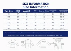 Detailed size chart for kids joggers showing measurements for ages 1-9 years old