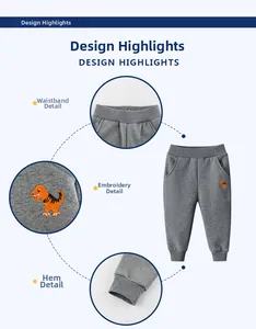 Détails du pantalon gris pour enfant avec broderie dinosaure et chevilles côtelées