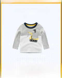 Detail of boys long sleeve t-shirt with excavator and koala print in grey and white