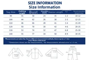 Detailed kids long sleeve t-shirt size guide chart with measurements for ages 1-9