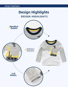 Detail view of cotton kids long sleeve tee with yellow excavator print and grey pocket