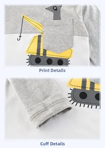 Detail of cartoon excavator print and ribbed cuffs on boys' long-sleeve cotton t-shirt